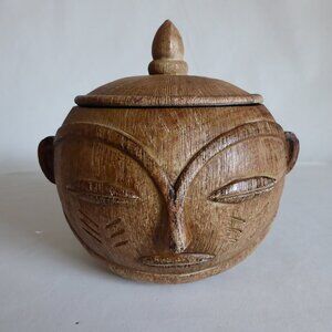 POLYNESIAN HAWAIIAN COCONUT SHAPED TRIBAL HEAD LIDDED TIKI BOWL (RESIN? WOOD?)